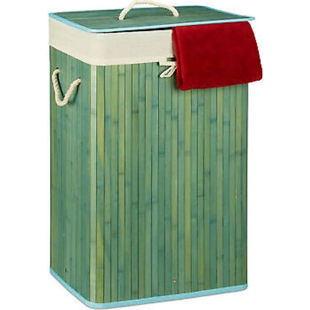 Relaxdays Bamboo Square Laundry Hamper, 65.5 x 43.5 x 33.5 cm, Folding Laundry Basket, 83L, Rectangular, Grey