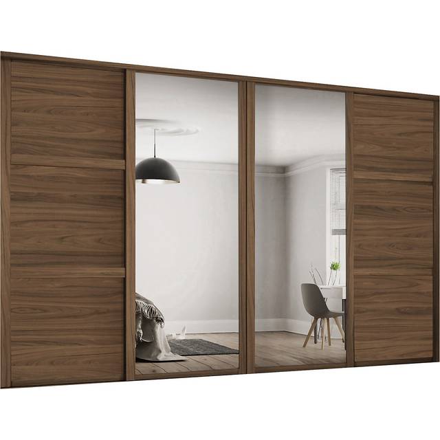 Spacepro Shaker 4 Door Sliding Wardrobe Kit and Mirror 3506 x 2260mm in Walnut Steel/MFC/Glass