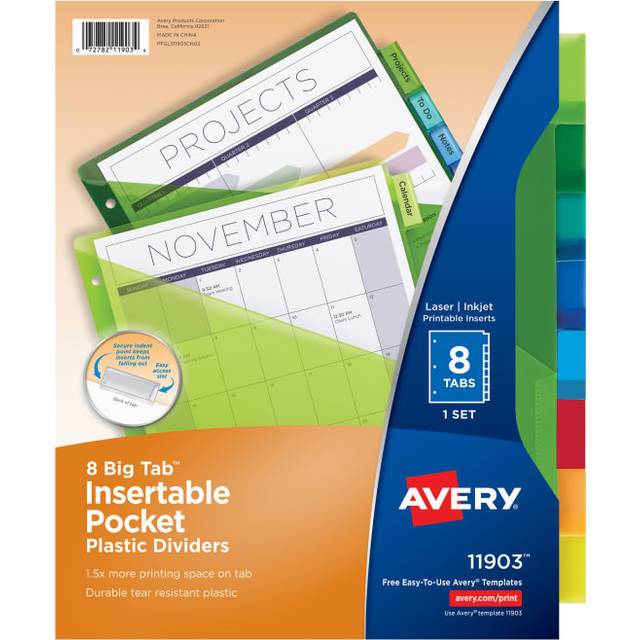 Avery 11903 Insertable Big Tab Single Pocket Plastic Dividers  Letter  8-Tabs/ST