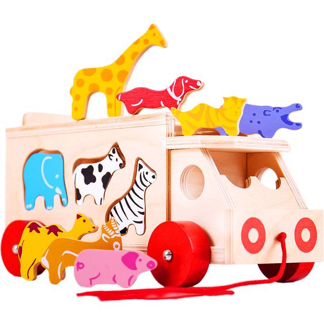 Bigjigs Toys 10 Piece Animal Shape Sorter Pull Along Lorry - Multi - 13.5 x 27.5 x 13cm