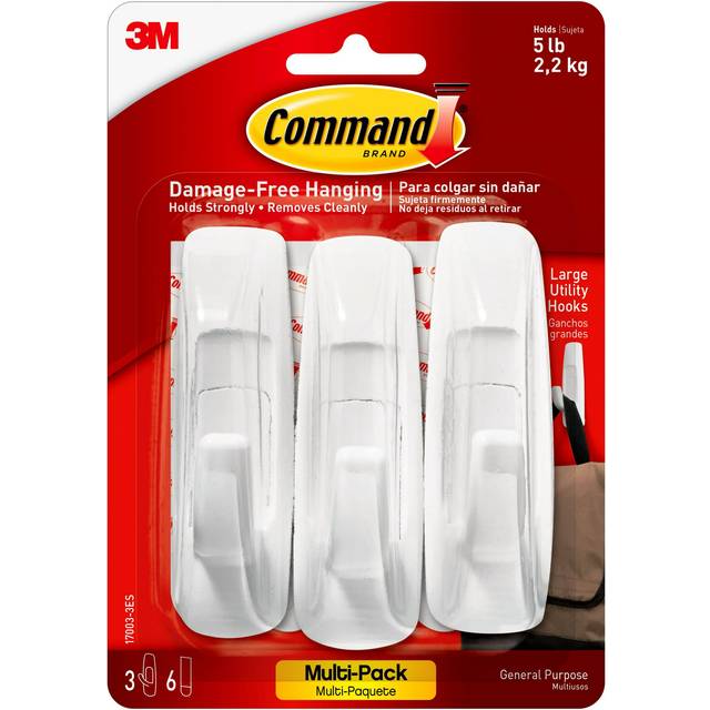 3M 17003VP3PK Scotch Command Adhesive Hook Value Pack  Large  Holds 5-lb  White  3 per Pack