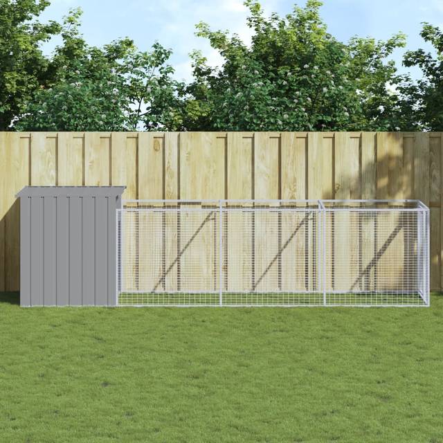 vidaXL Dog House with Run Light Grey 110x405x110 cm Galvanised Steel, Grey