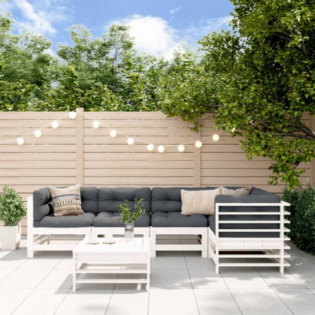 Loungegrupp för trädgården med dynor 6 delar vit massiv teak