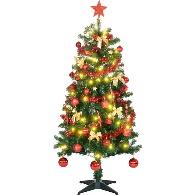 Homcom 5' Artificial Prelit Christmas Trees Holiday Décor With Warm White Led Lights, Auto Open, Tinsel, Ball, Star