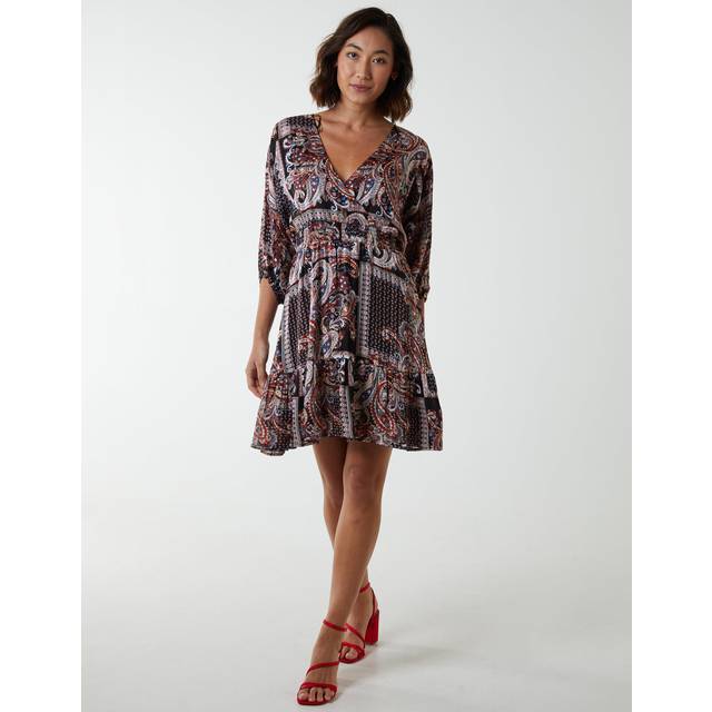 Paisley Wrap Front Pleated Kimono Sleeve Dress - 10 / BLACK PATTERN