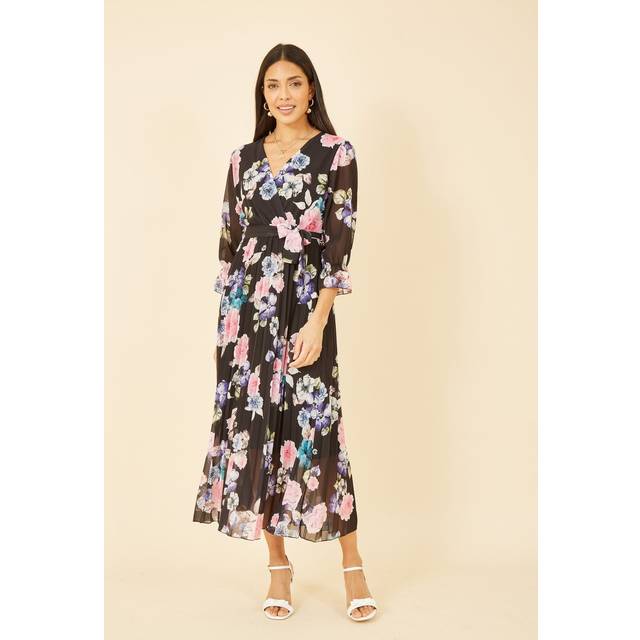 Yumi Black Floral Pleated Wrap Midi Dress - Size 10 UK - Yumi