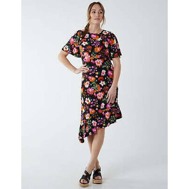 Womens Angel Sleeve Asymmetric Midi Dress - Black - 10