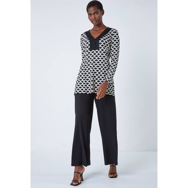 Roman Black Abstract V-Neck Button Detail Tunic Top - Size 18