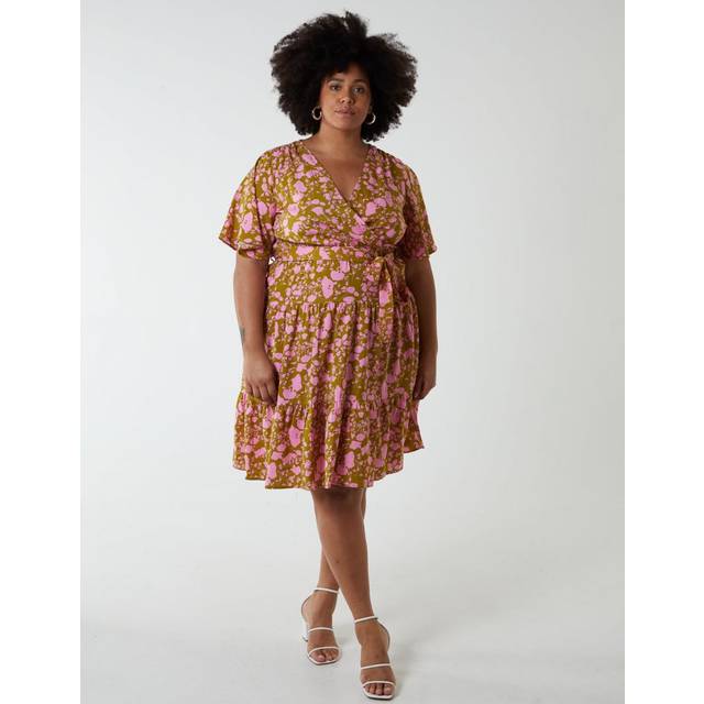 Womens Plus Size Wrap Front Tier Hem Angel Sleeve Dress - Green - 24