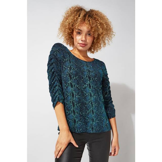 Roman Teal Pleat Sleeve Snake Print Sparkle Top - Size 14