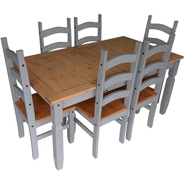 Mercers Furniture Corona Grey Wax Large Extending Dining Table & 6 Chairs Solid Pine With Mexican Styling, Grey