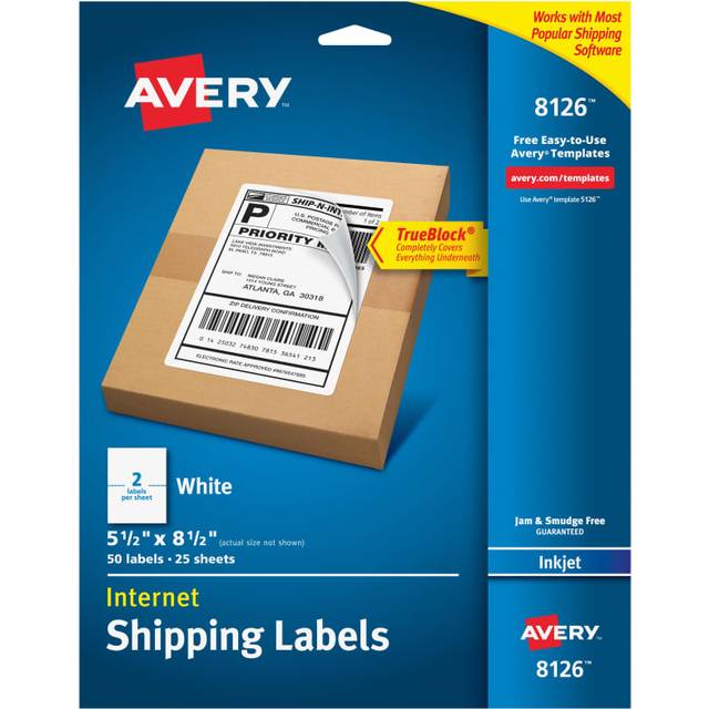 Avery Inkjet Shipping Labels Perf Sheets - White, Pack of  50