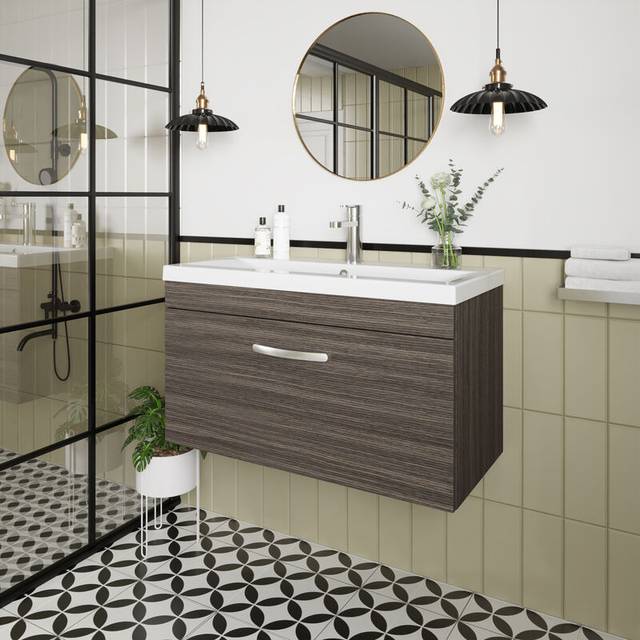 Nuie Athena 800 Wall Hung Single Drawer Vanity & Mid-edge Basin - Grey Woodgrain, Grey