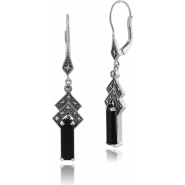 Art Deco Style Rectangle Black Onyx & Marcasite Drop Earrings in Silver