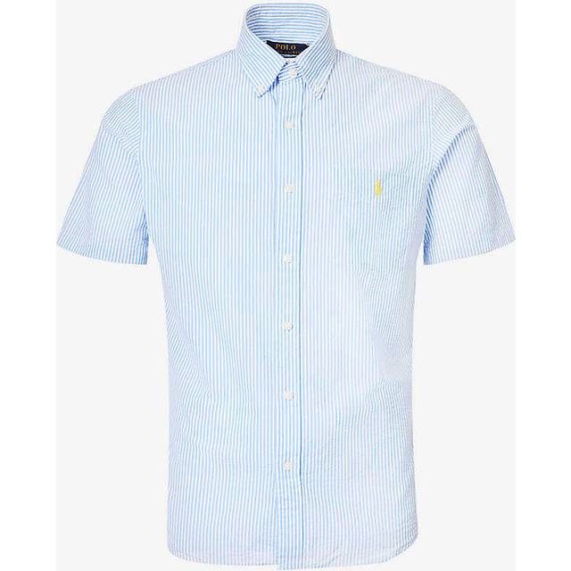 Cotton Seersucker Shirt with Embroidered Logo and Short Sleeves - Blue/White