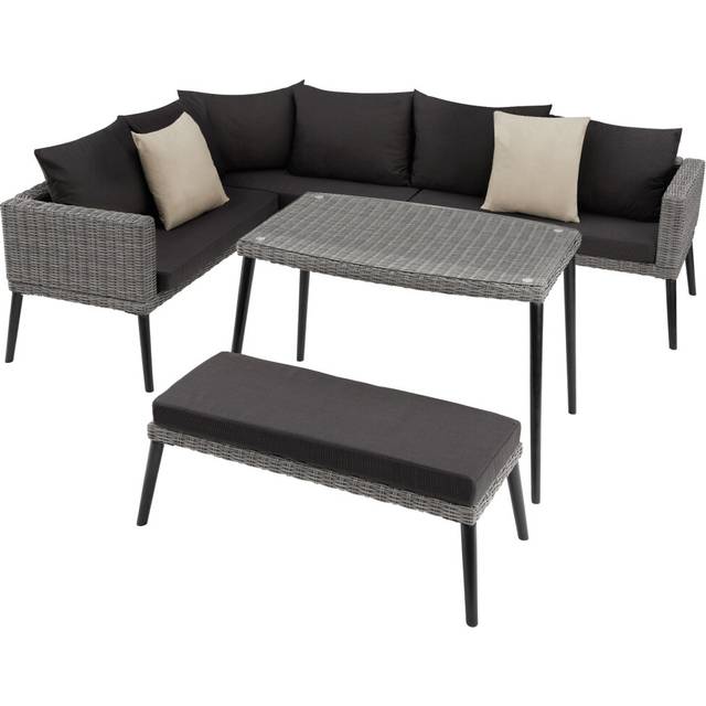 Garden Furniture Set Pula - outdoor sofa set with table, seating bench, thick seat cushions - grey