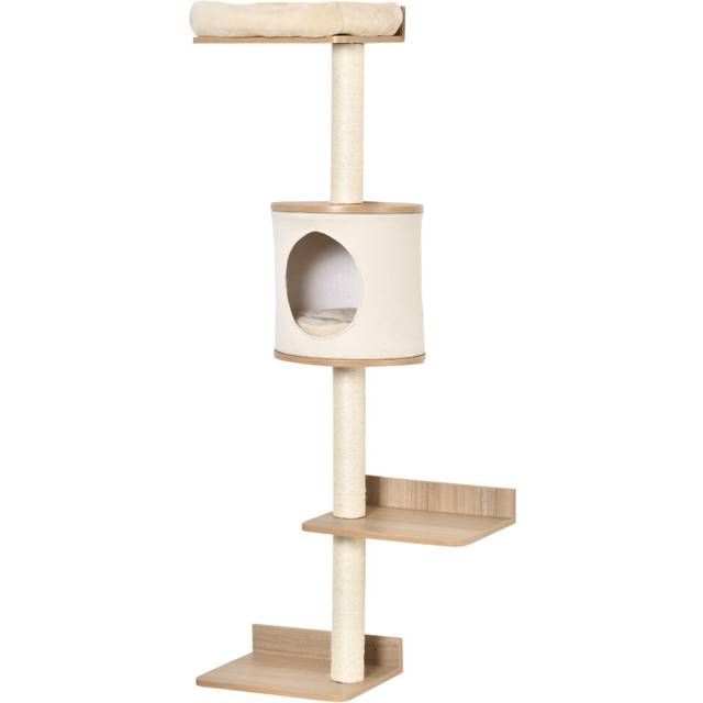 PawHut Wall-Mounted Cat Tree w/ House - Beige, Cream
