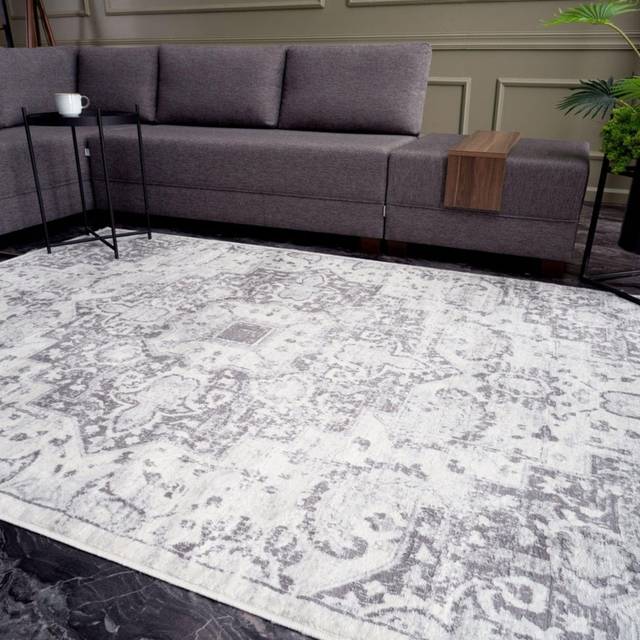 Traditional Persian Design Area Rug in Navy Blue Moroccan Boho Style Non-Shedding Short Pile Stain-Resistant Soft Vintage Carpet for Living Room Bedro - Grey - 200cm x 290cm
