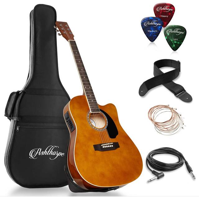 Ashthorpe Full-Size Cutaway Thinline Acoustic-Electric Guitar Package - Premium Tonewoods - Brown