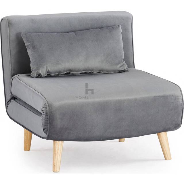 Kendal Velvet Futon Style Single Sofa Bed Fold Out With Matching Cushion and Wooden Legs - Light Grey - One Size