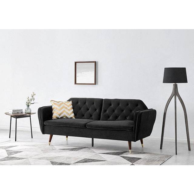 Whitby Velvet Sofa Bed With Chesterfield Design With Gold Metal Tipped Wooden Legs - Jet Black - One Size