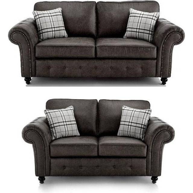 (Tan Black) Oakland Suede Leather 3 2 Seater Sofa Set