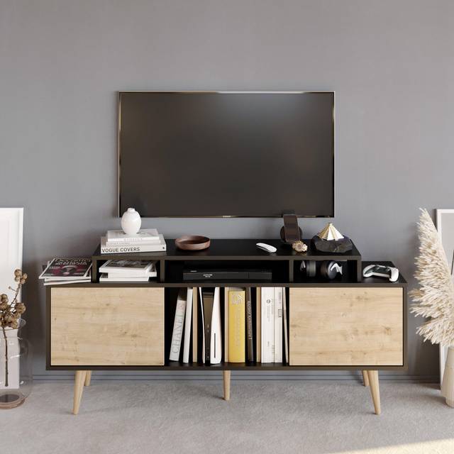 Decorotika Char 160 Cm Tv Unit For Tvs Up To 71" - Black And Oak, Multi