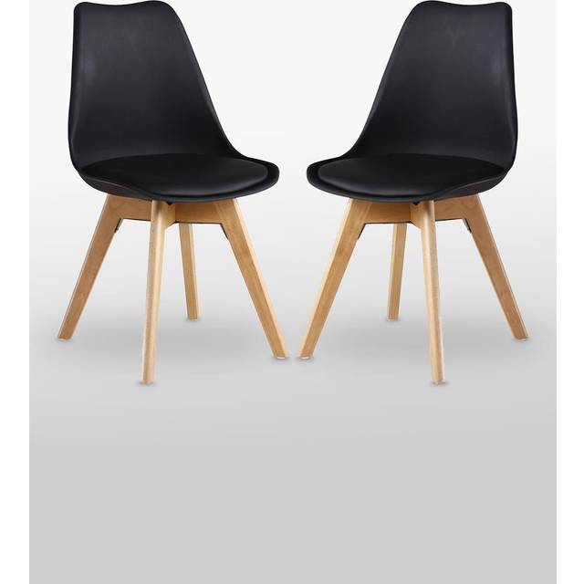 Life Interiors Set Of 2 Lorenzo Plastic Dining Chairs With Faux Leather Padded Cushions For Lounge Office Dining Room Kitchen, Black, Black