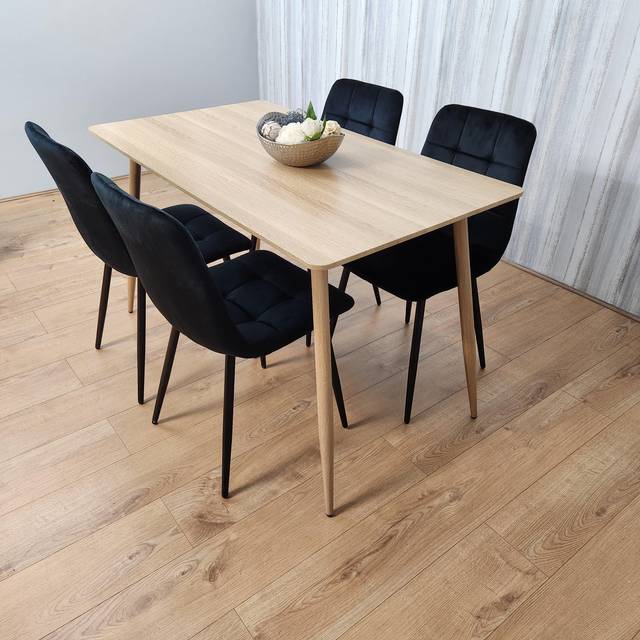 Portland 4 Seater Velvet Dining Set Wood Effect and Black