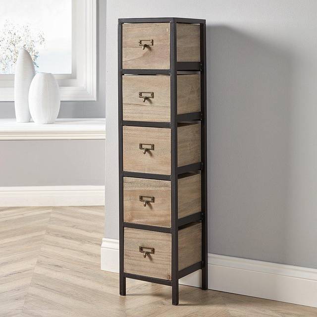 Chest 5 Drawers Tall Storage Unit Rustic Metal Legs Fully Assembled - Natural - One Size