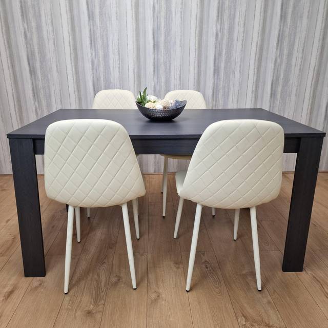 Dining Table with 4 Cream Stitched Padded Chairs Dark Grey Table Kitchen Dining Table Dining Room Dining Set