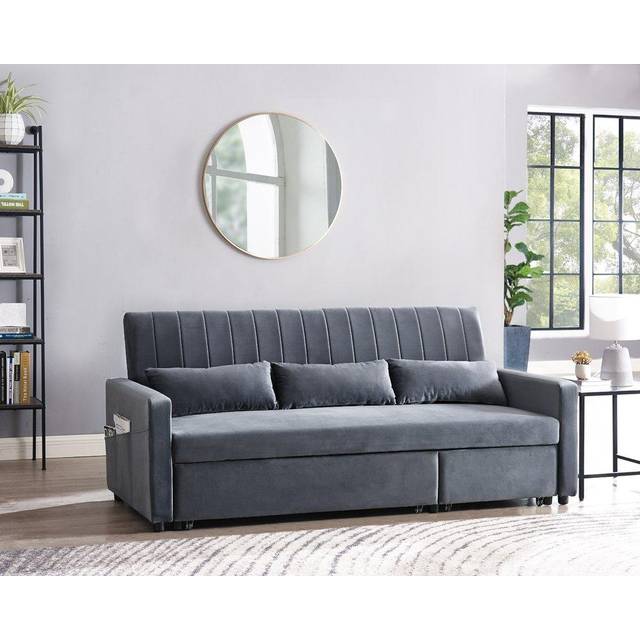 Devon Velvet Pull Out Sofa Bed Ribbed Fabric Detailing and Side Pocket Storage - Dark Grey - One Size