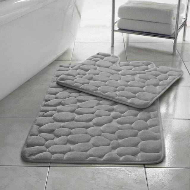 (Silver) Memory Foam Bath Mat Non- Slip / Toilet Mat Set Pebbles