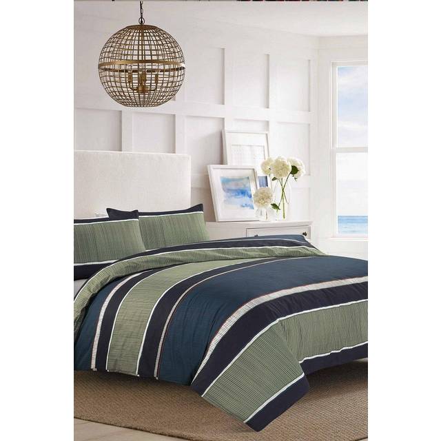 (Single) Nate Block Stripe Duvet Cover Set Olive Gree/ Navy Blue Bedding Modern