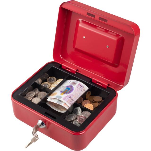 (Red, 8) Metal Cash Money Box Steel Security Safe Key