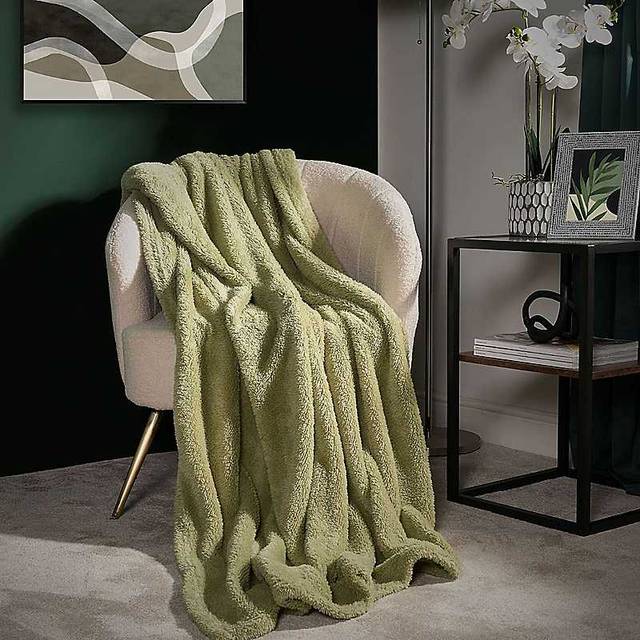 Brentfords Teddy Fleece Throw, Sage - 200 x 240cm - Green