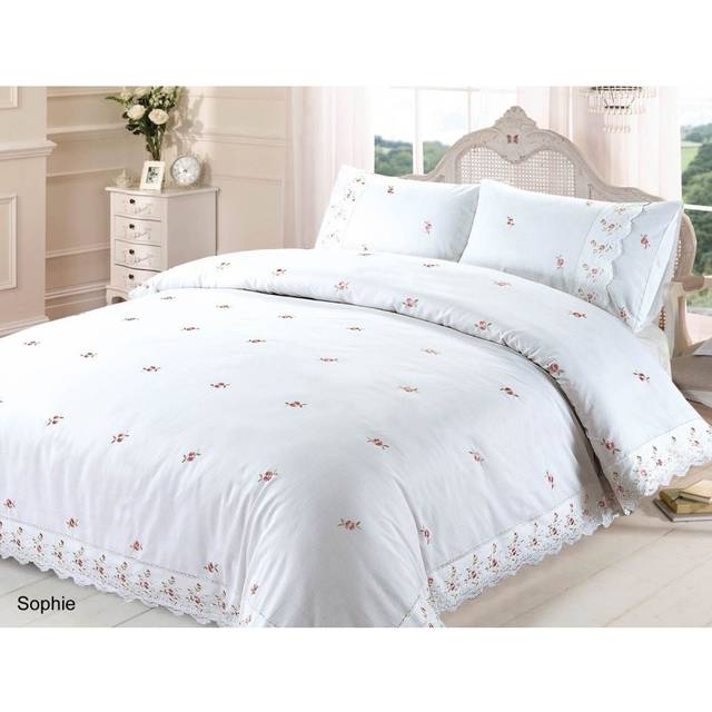 Sophie Duvet Quilt Cover Floral Lace Trim Embroidered Bedding Set - White - King