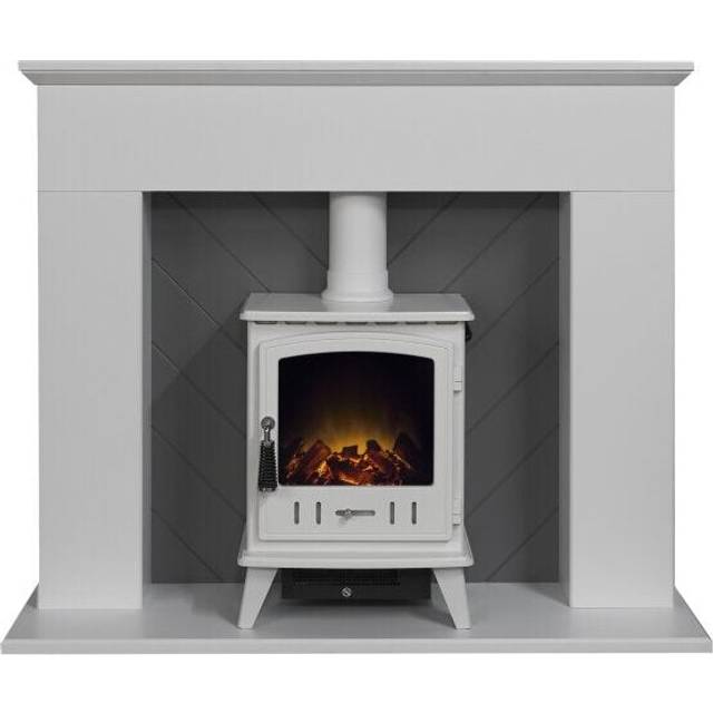 Adam Corinth Stove Fireplace in Pure White & Grey with Downlights & Aviemore Electric Stove in White, 48 Inch