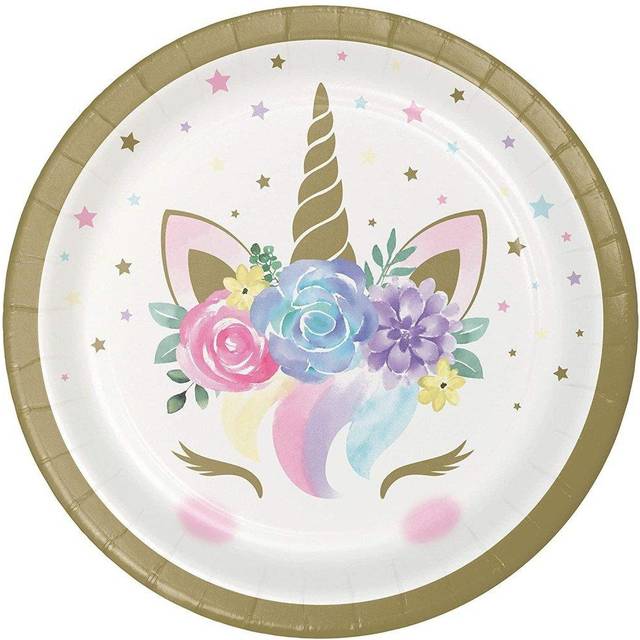 Creative Party Paper Floral Unicorn Disposable Plates (Pack of 8) One Size white