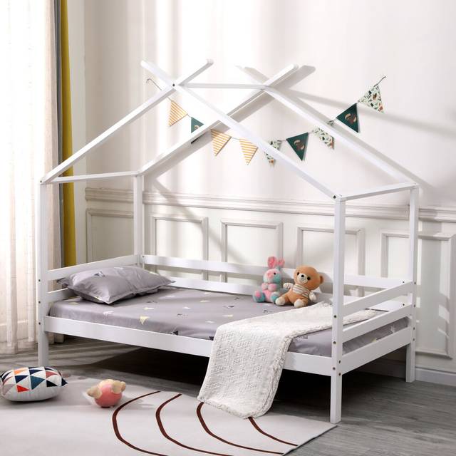 Slumberworx Teddy Kids Wooden House Treehouse Single Bed Frame (white), White