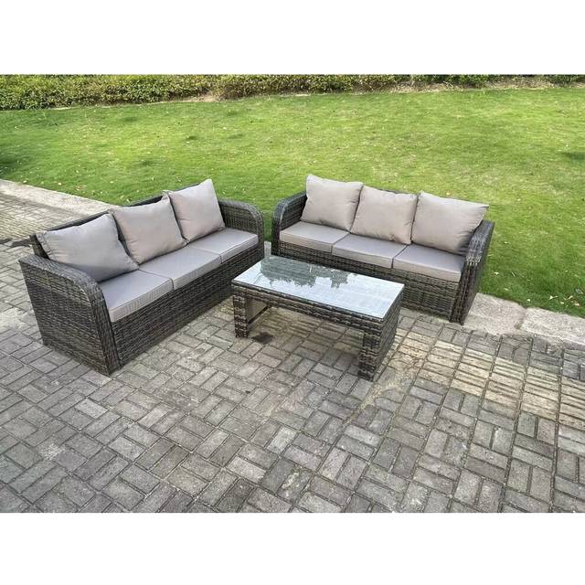Fimous Dark Grey PE Wicker High Back Rattan Garden Furniture Set Lounge Sofa 3 Seater Sofa Set Outdoor Rectangular Coffee Table 6 Seater