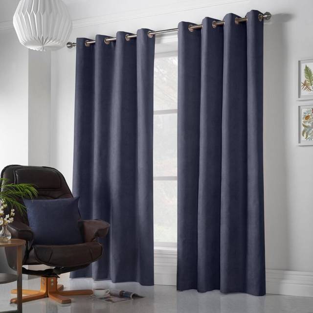 Chenille Ready Made Eyelet Curtains Navy - Blue