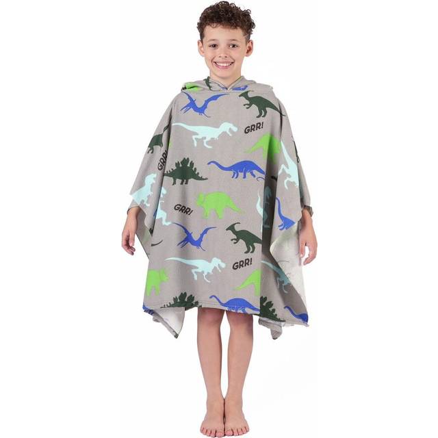 Dreamscene Kids Dinosaur Print Towel Poncho - Grey
