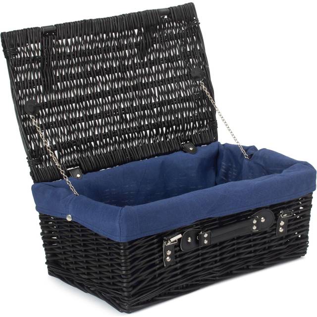 46cm Empty Black Willow Picnic Basket With Cotton Lining - Blue