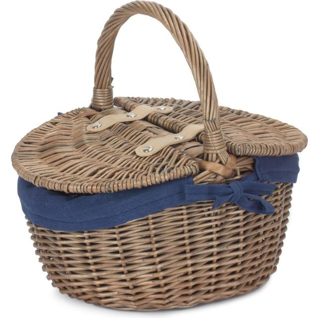 Small Antique Wash Double Lidded Oval Picnic Basket - Blue