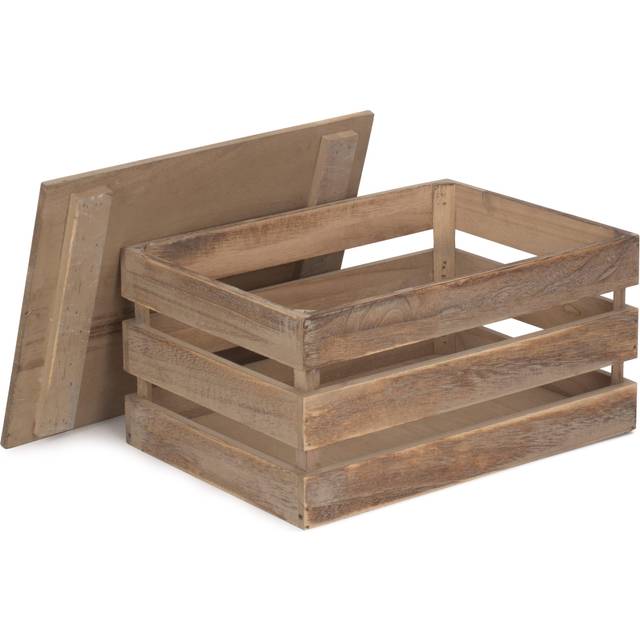 Oak Effect Slatted Lidded Wooden Storage Box - Brown - M