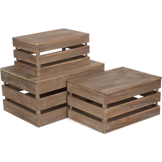 Oak Effect Slatted Lidded Wooden Storage Box - Set of 3