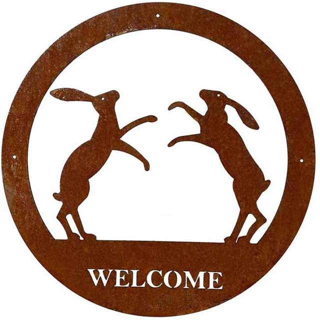 Boxing Hare Welcome Wall Art - Small - Steel - W29.5 x H29.5 cm - Bare Metal/Ready to Rust