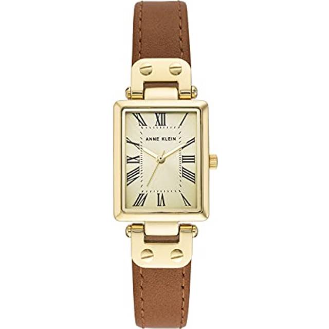 Anne Klein Women's Rectangular Case Leather Strap Watch in Brown&Gold-Tone