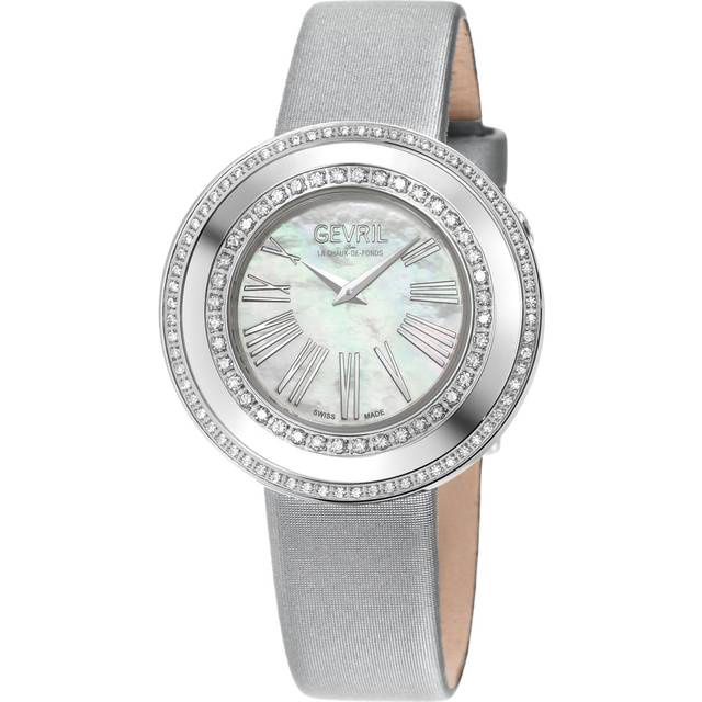 Womens Gandria Swiss Quartz Diamond Swiss Watch, 316L SS Case, White MOP Dial, Genuine Italian Made Silver Leather Strap - Grey - One Size